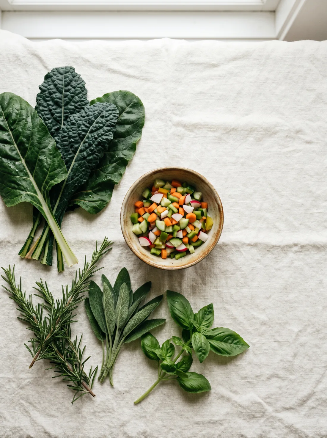 Fresh herbs and leafy greens arranged on ivory linen