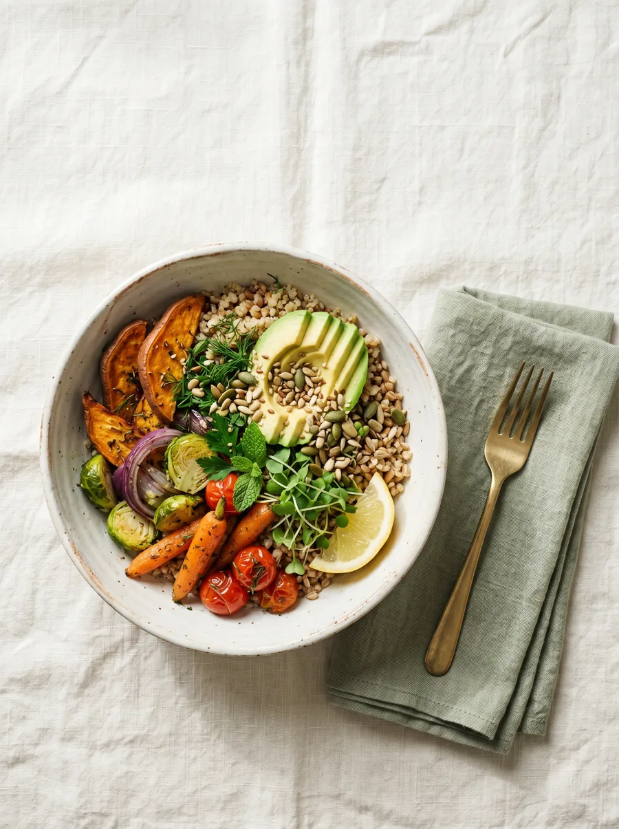 Nourishing grain bowl with roasted vegetables and avocado