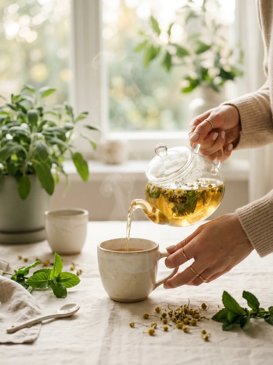 Herbal tea being poured into a ceramic cup beside fresh mint